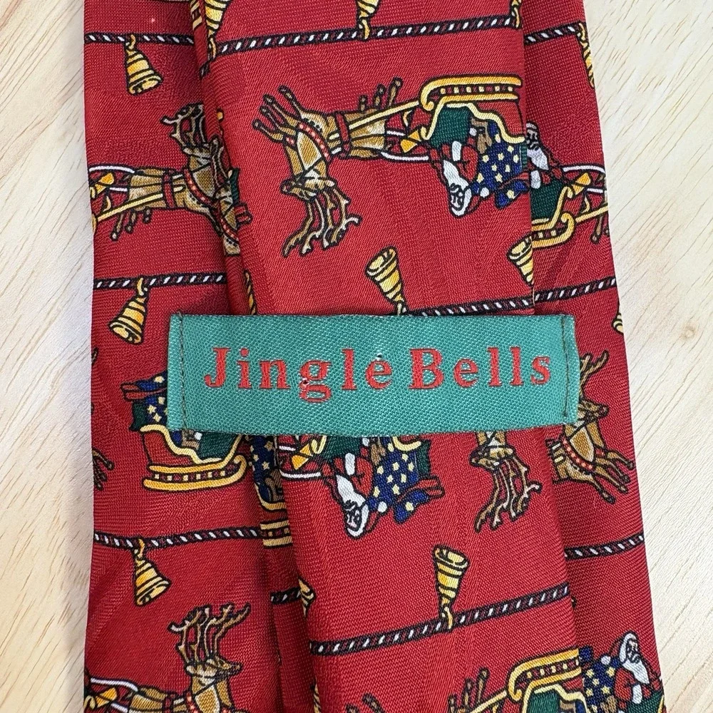 Jingle Bells Santa Sled Reindeer Men's Red Novelty Christmas Neck Tie